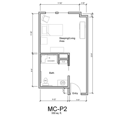 Architectural floor plan of a memory care unit