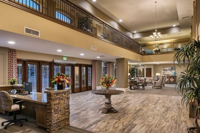 Interior view of a spacious common area with seating