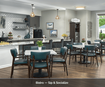Interior of the bistro dining area with seating