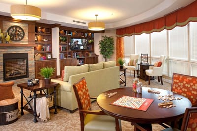 Comfortable common area with seating and games