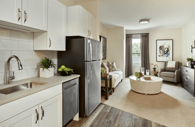 Bright interior of a resident living space with kitchen