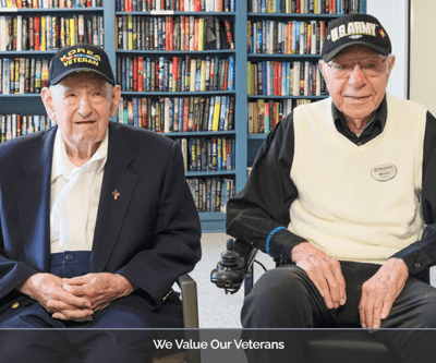 Two senior veterans in a cozy interior setting