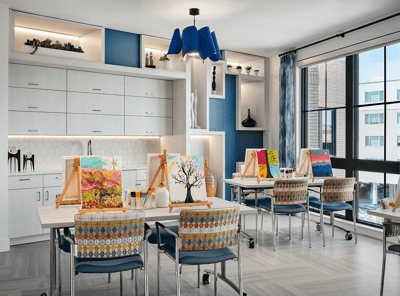 Bright activity room with art easels and paintings