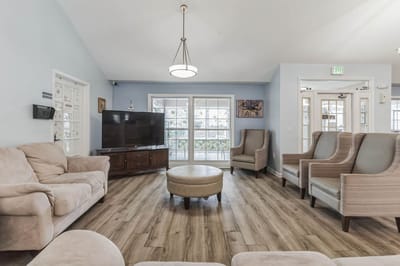 Interior view of a cozy common area in a senior living facility