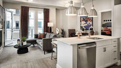 Modern interior living space with kitchen and seating area
