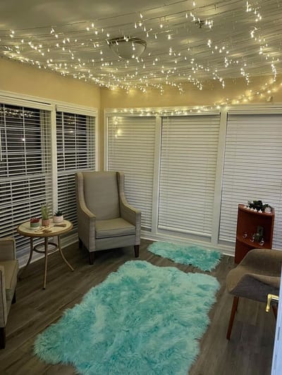 Cozy interior sitting area with fairy lights