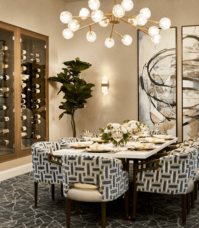 Elegant dining room setup with floral centerpieces
