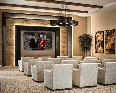 Interior common area with seating and decorative features