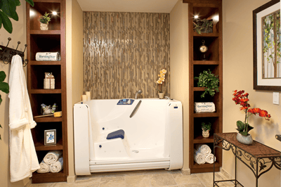 Stylish bathroom with accessible bathtub and decor