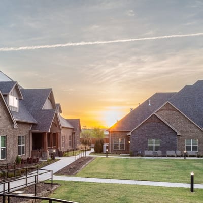 Sunset view over landscaped outdoor space