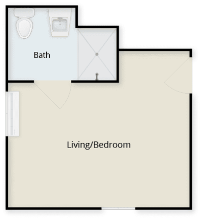 Architectural floor plan of a living and bathroom space