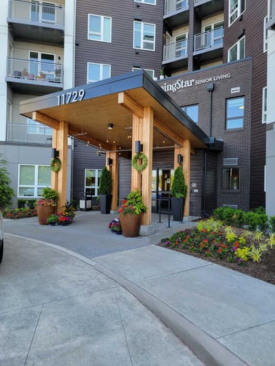 Entrance of MorningStar Senior Living with flowers