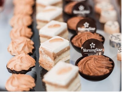 Desserts displayed with facility logo