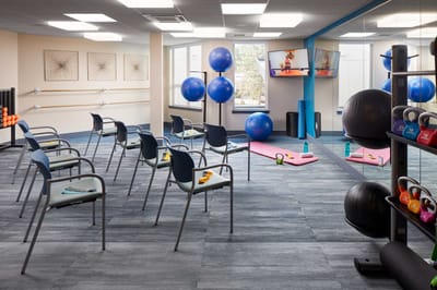 A fitness room with exercise equipment and stability balls