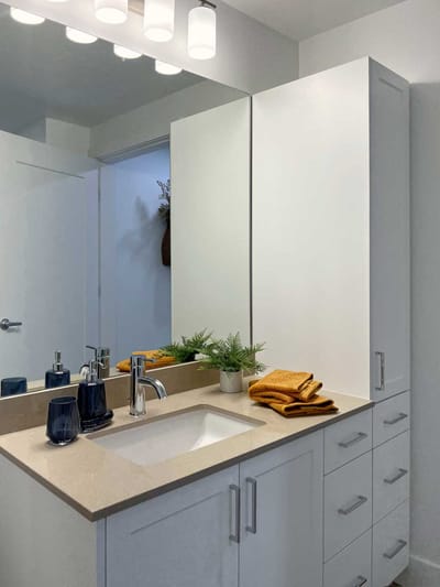Brightly lit bathroom with modern fixtures