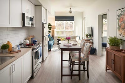 Well-equipped kitchen and living area in a resident unit