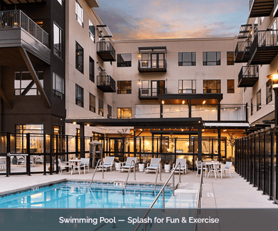 Outdoor swimming pool area with seating