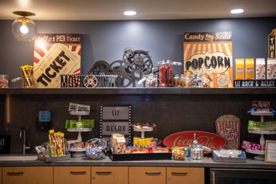 Interior snack bar with various treats and drinks