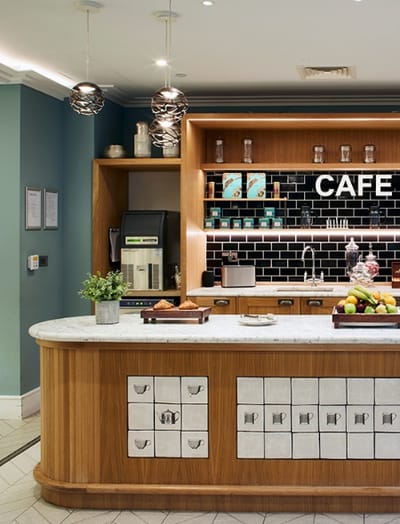 Interior view of the cafe with food display
