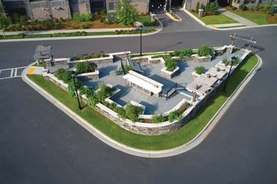 Aerial view of an outdoor garden space with seating