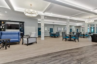 Bright and spacious common area with seating