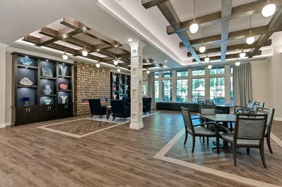 Stylish common area with seating and decorative elements