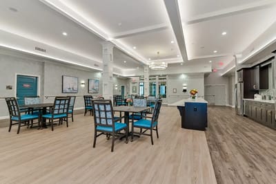 Interior view of a modern common area with seating