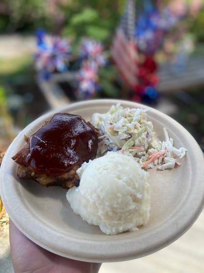 Plate of meatloaf, mashed potatoes, and coleslaw outdoors