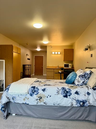 Cozy private room with bed and kitchenette