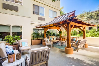 Outdoor seating area with a shaded pavilion