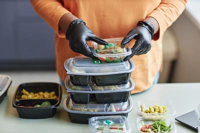 Person preparing meal containers in a kitchen