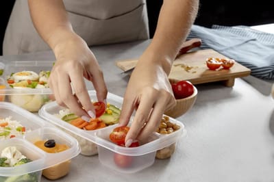 Hands preparing healthy meals in a kitchen setting.