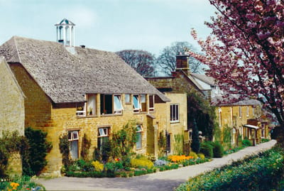 Charming building facade surrounded by flowers