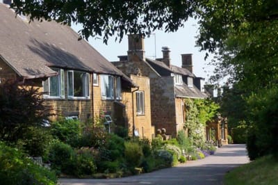 Pathway lined with houses and greenery