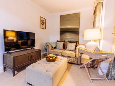 Cozy common area with a sofa, TV, and decor.