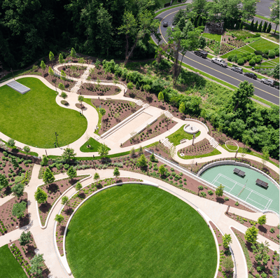 Aerial view of landscaped outdoor space