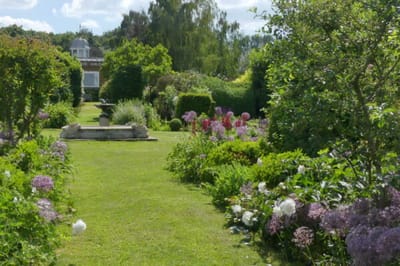 Beautiful garden path with flowers and greenery.