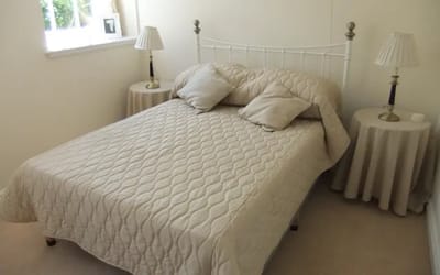 Simple bedroom setup with bed and lamps.