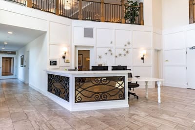 Reception area with modern decor and seating