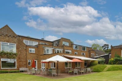 Outdoor seating area with patio umbrellas