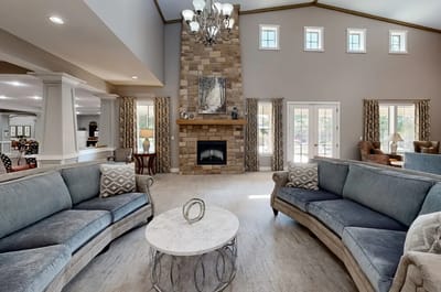 Common area with comfortable seating and fireplace.