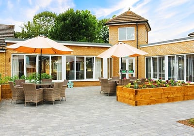 Courtyard with outdoor seating and umbrellas