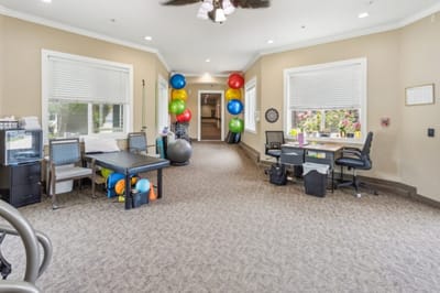 Interior common area with exercise equipment and colorful balls