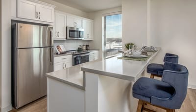 Modern kitchen area in a living space.