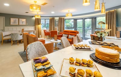 Bright common area with snacks and seating