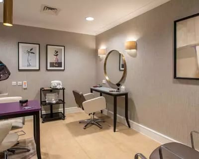 Beauty salon area with modern decor.