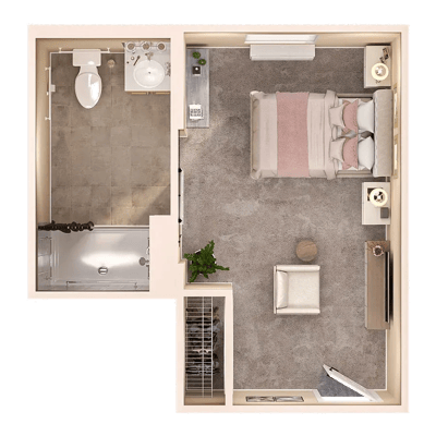 Aerial view of a private living room with bed.