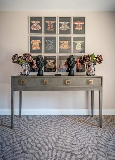 Decorative console table in an interior space.