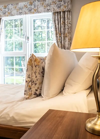 Cozy bedroom with decorative pillows and lamp