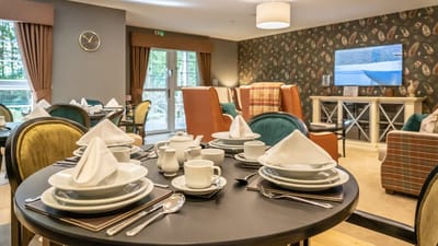 Dining table set with dishes and cups